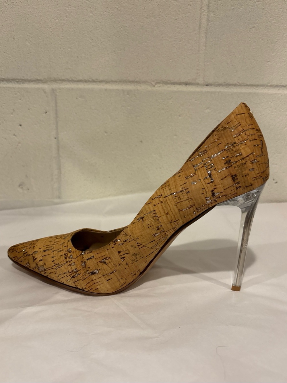 Mix No 6 Forest Cork Pumps Heels Clear Lucite Stilettos Silver Flecks 10M - Picture 6 of 10
